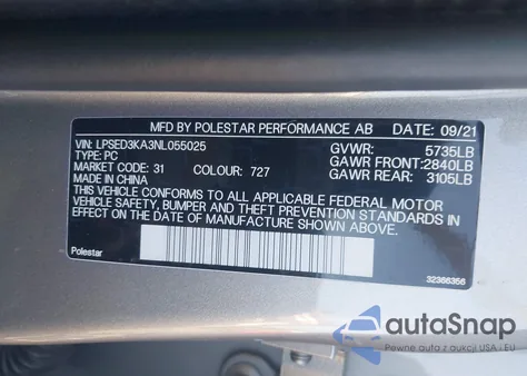2022 Polestar 2 Long Range Dual Motor z USA, uszkodzony, nr VIN LPSED3KA3NL055025